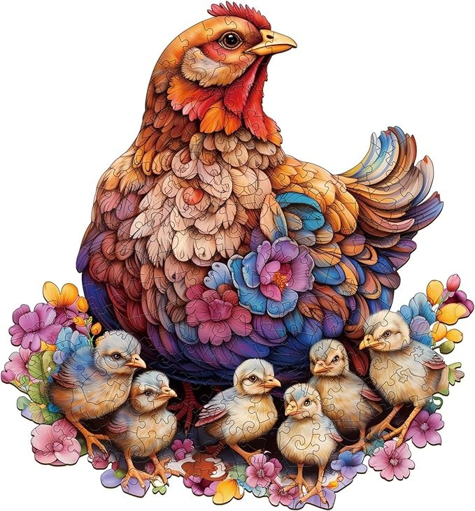 Wooden Puzzle for Adults, Hen and Chicks Wooden Jigsaw Puzzles for Adults, Unique Animal Shape Wood Cut Puzzles for Family Friend Puzzle Lovers(S-7.9 * 8.5in-90pcs)