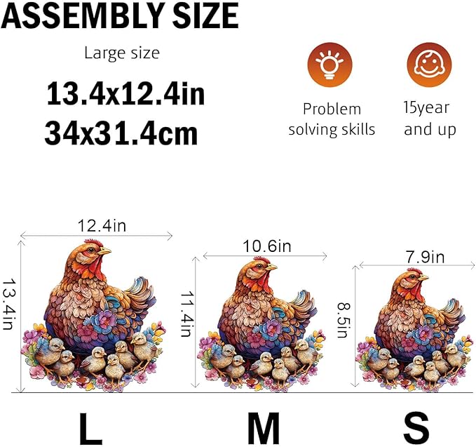 Wooden Puzzle for Adults, Hen and Chicks Wooden Jigsaw Puzzles for Adults, Unique Animal Shape Wood Cut Puzzles for Family Friend Puzzle Lovers(S-7.9 * 8.5in-90pcs)