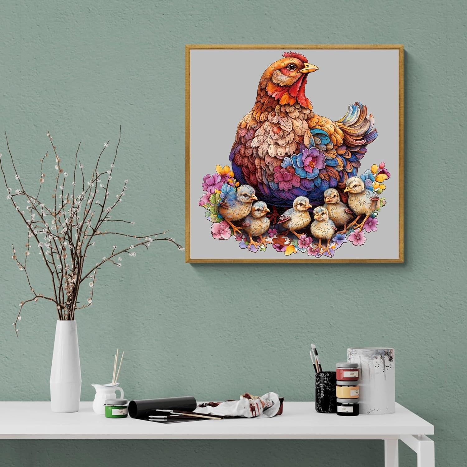Wooden Puzzle for Adults, Hen and Chicks Wooden Jigsaw Puzzles for Adults, Unique Animal Shape Wood Cut Puzzles for Family Friend Puzzle Lovers(S-7.9 * 8.5in-90pcs)