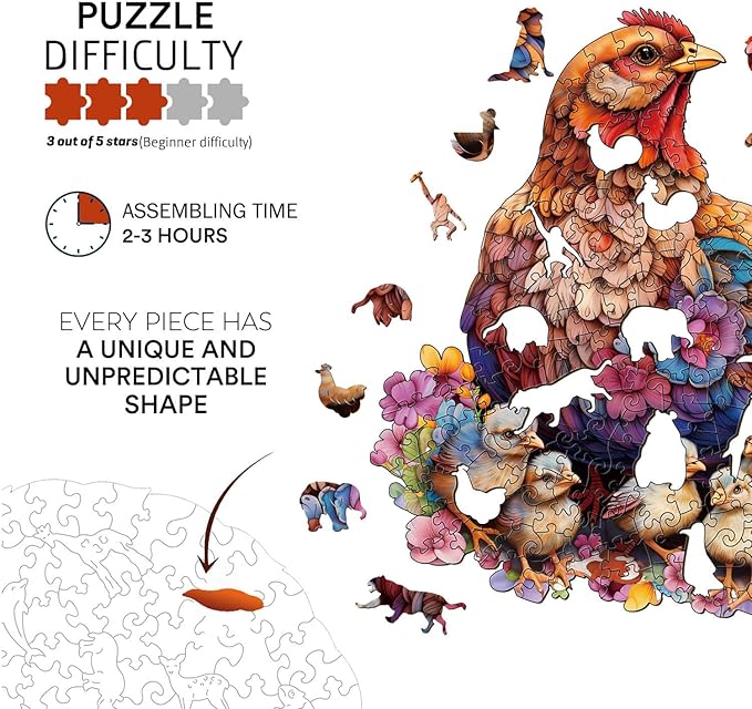 Wooden Puzzle for Adults, Hen and Chicks Wooden Jigsaw Puzzles for Adults, Unique Animal Shape Wood Cut Puzzles for Family Friend Puzzle Lovers(S-7.9 * 8.5in-90pcs)